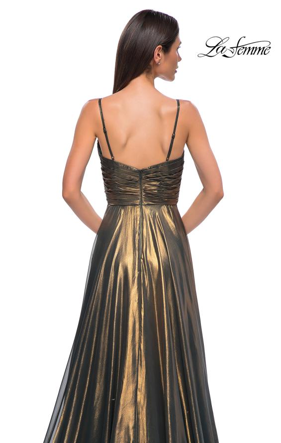 Picture of: Stunning Metallic Chiffon Gown with Ruched Bodice and Slit in Dark Emerald, Style 32864, Detail Picture 10