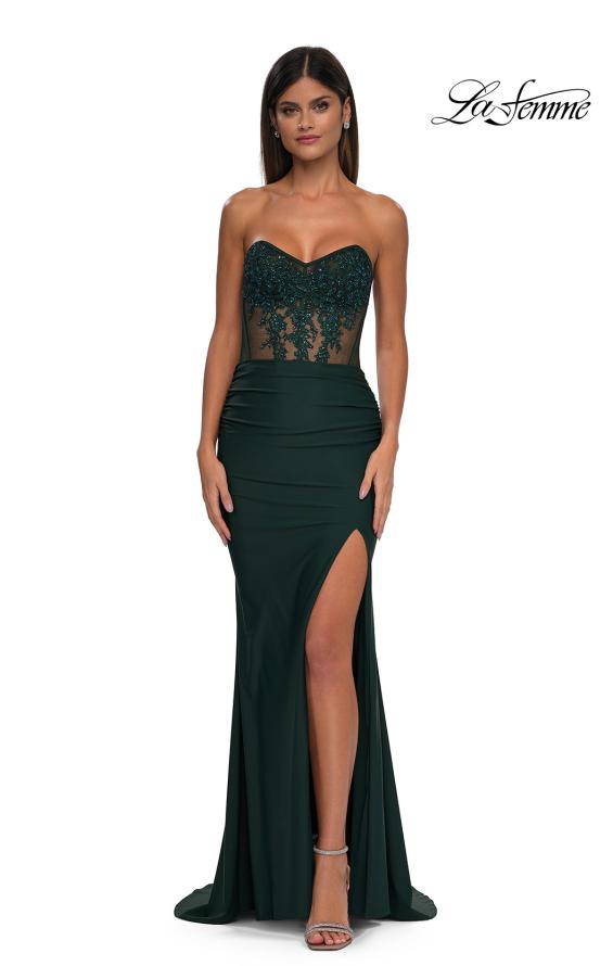 Picture of: Evening Dress with Illusion Strapless Bodice and Lace Applique in Dark Emerald, Style: 32912, Detail Picture 11