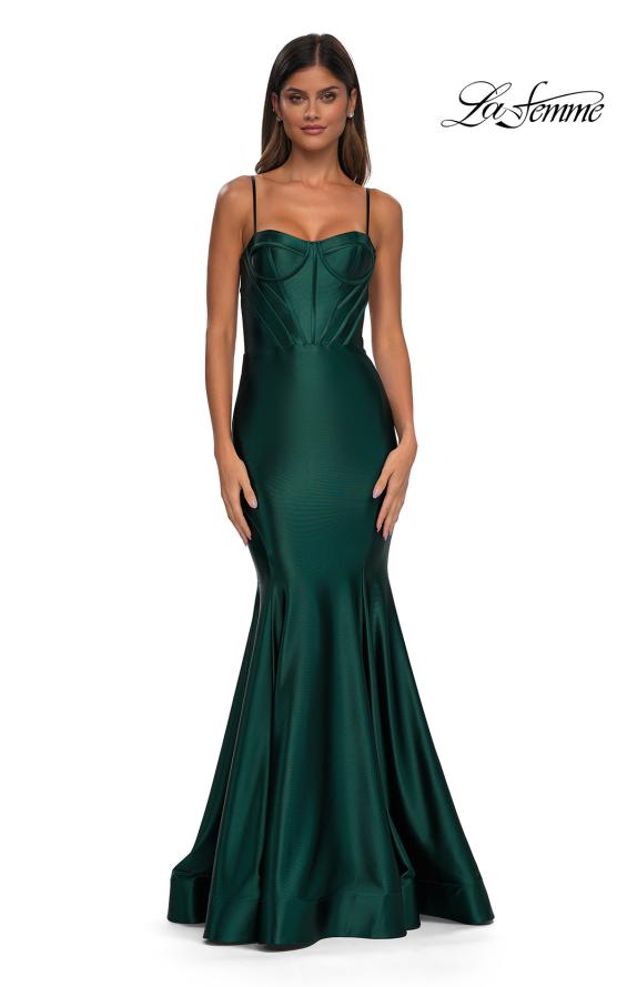 Picture of: Chic Stretch Satin Gown with Corset Top and Flare Skirt in Dark Emerald, Style: 32555, Detail Picture 3