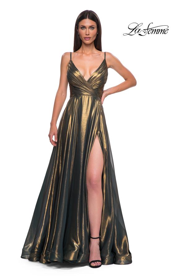 Picture of: Stunning Metallic Chiffon Gown with Ruched Bodice and Slit in Dark Emerald, Style 32864, Detail Picture 5