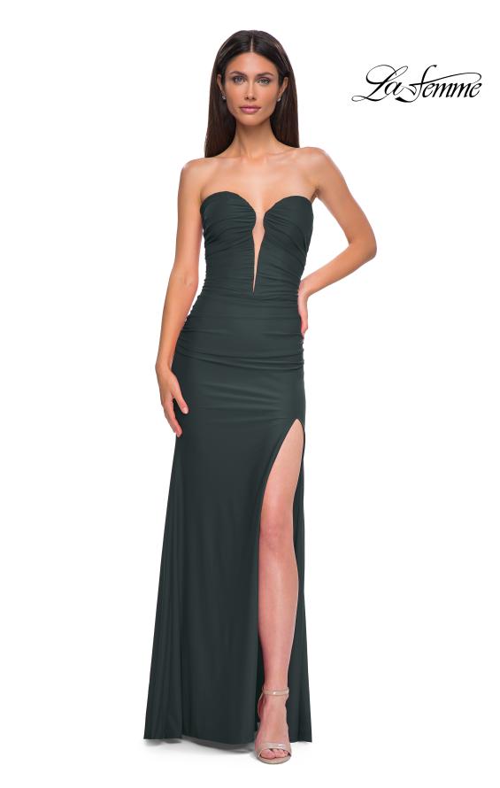 Picture of: Intricately Ruched Strapless Prom Dress with Unique Deep V in Dark Emerald, Style 32923, Detail Picture 5