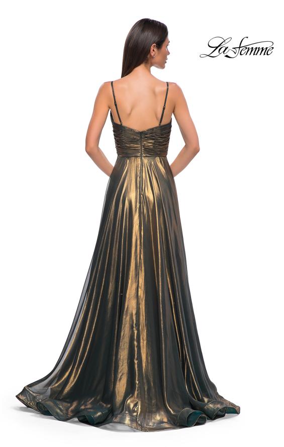 Picture of: Stunning Metallic Chiffon Gown with Ruched Bodice and Slit in Dark Emerald, Style 32864, Detail Picture 6