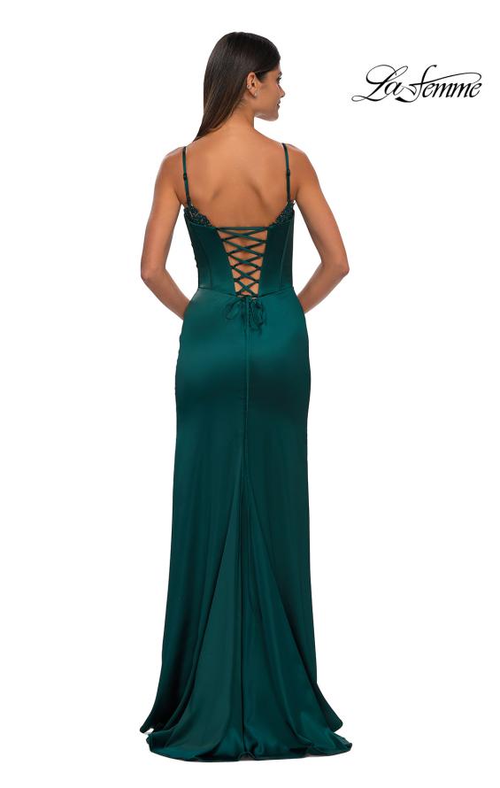 Picture of: Fitted Satin Gown with Exposed Boning and Lace Detail Neckline in Dark Emerald, Style: 32955, Detail Picture 6