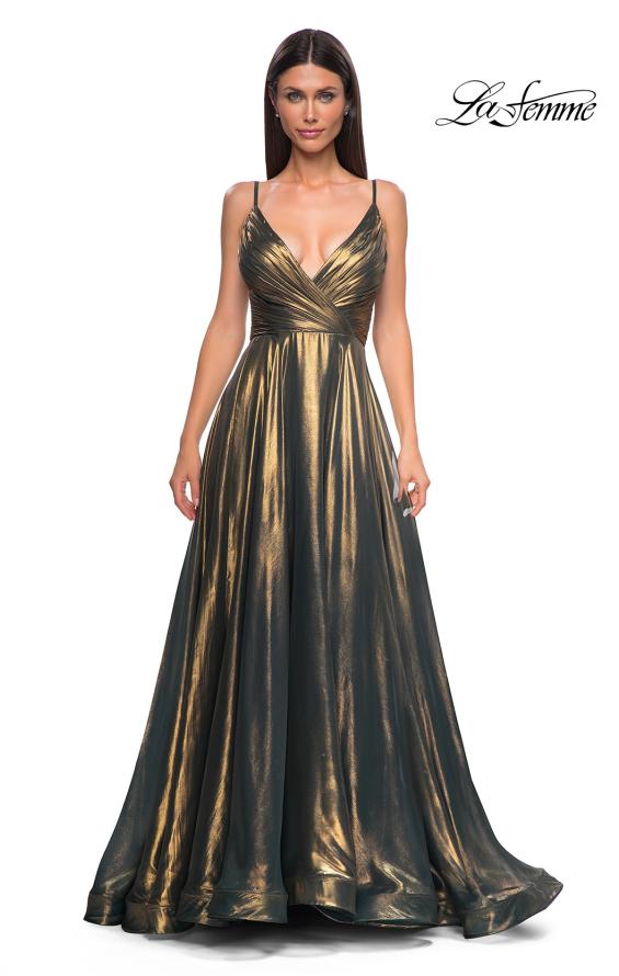 Picture of: Stunning Metallic Chiffon Gown with Ruched Bodice and Slit in Dark Emerald, Style 32864, Detail Picture 7