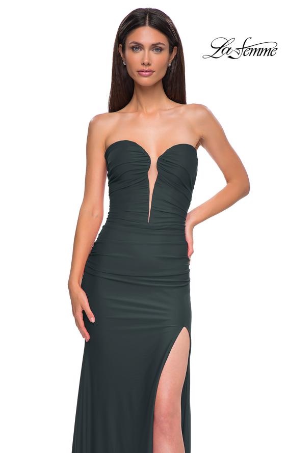 Picture of: Intricately Ruched Strapless Prom Dress with Unique Deep V in Dark Emerald, Style 32923, Detail Picture 7