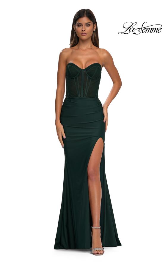 Picture of: Intricate Ruched Corset Bodice Prom Dress with Jersey Skirt in Dark Emerald, Style: 32971, Detail Picture 7