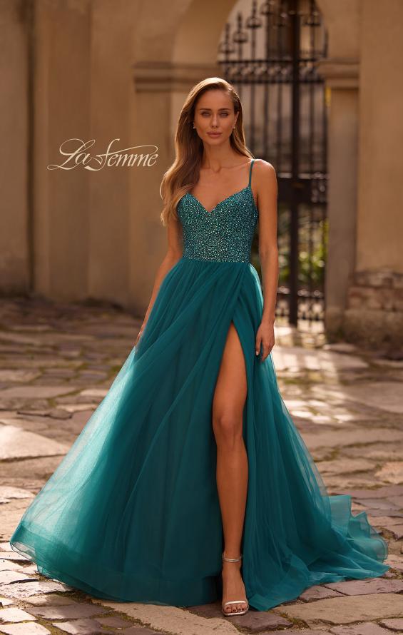 Picture of: Rhinestone Embellished Bodice Prom Dress with Full Skirt in Dark Teal, Style: 32668, Main Picture