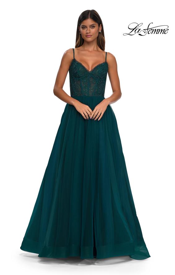 Picture of: Beautiful A-line Tulle Dress with Eyelet Neckline and Lace Top in Dark Teal, Style: 32594, Detail Picture 8