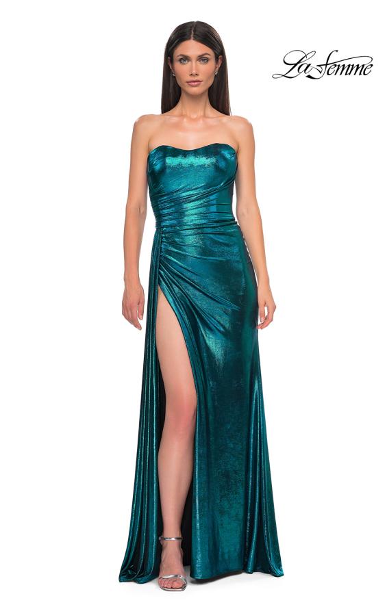 Picture of: Strapless Chic Metallic Jersey Dress with Draped Slit in Dark Teal, Style 32830, Detail Picture 8