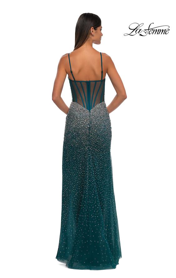 Picture of: Fitted Net Dress with Rhinestones and U Slit in Dark Teal, Style: 32840, Detail Picture 8