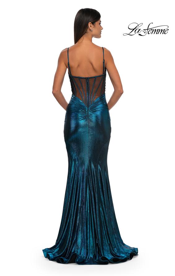 Picture of: Mermaid Metallic Jersey Dress with Draped Neckline in Dark Teal, Style: 32897, Detail Picture 8