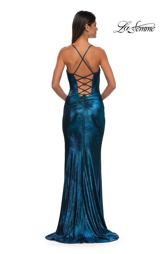 Picture of: Long Metallic Prom Dress with Ruching and Rhinestone Draped Neckline in Dark Teal, Style: 33032, Detail Picture 8