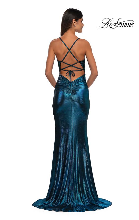 Picture of: Ruched Prom Dress with Metallic Lace and Fabric in Dark Teal, Style: 33059, Detail Picture 8