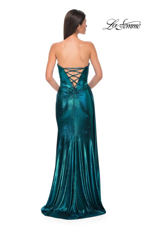 Picture of: Strapless Chic Metallic Jersey Dress with Draped Slit in Dark Teal, Style 32830, Detail Picture 9