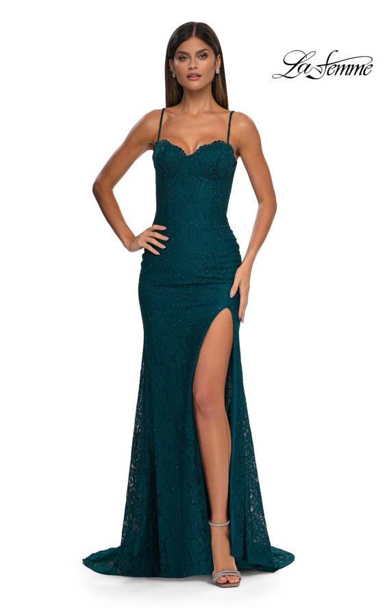 Picture of: Fitted Stretch Lace Dress with Scallop Neckline in Dark Teal, Style: 32933, Detail Picture 9