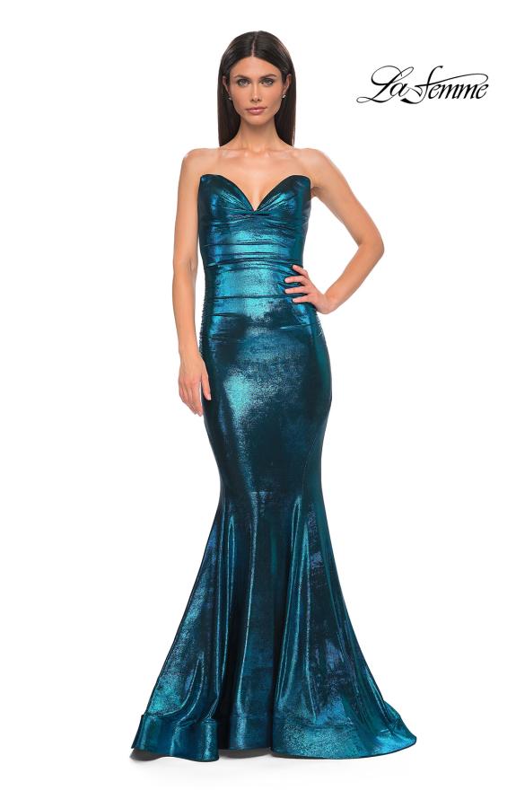 Picture of: Mermaid Metallic Prom Dress with Sweetheart Strapless Top in Dark Teal, Style 32995, Detail Picture 9