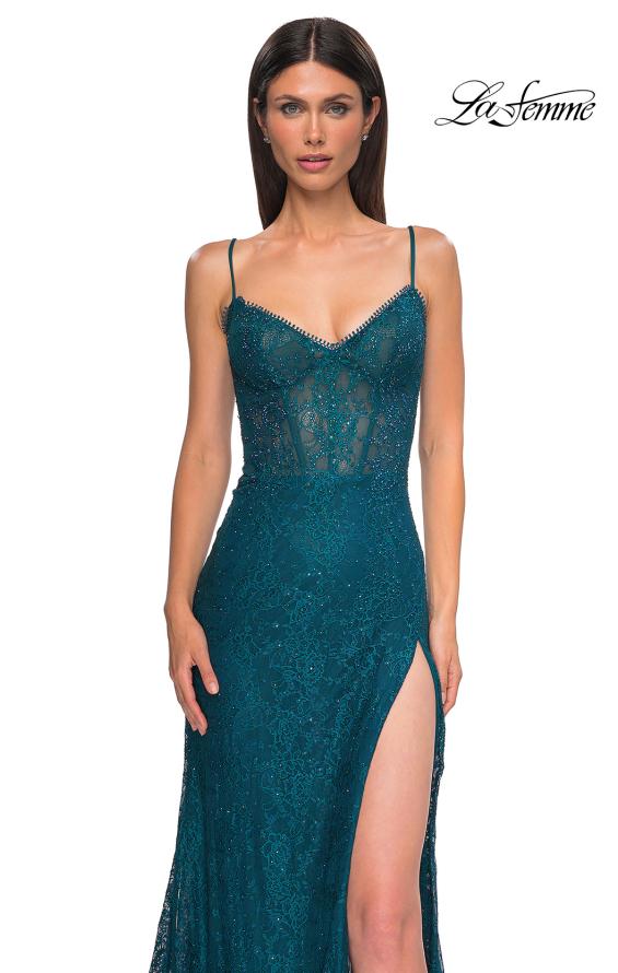 Picture of: Stretch Satin Prom Dress with Eyelet Detail Neckline in Dark Teal, Style 32671, Detail Picture 10