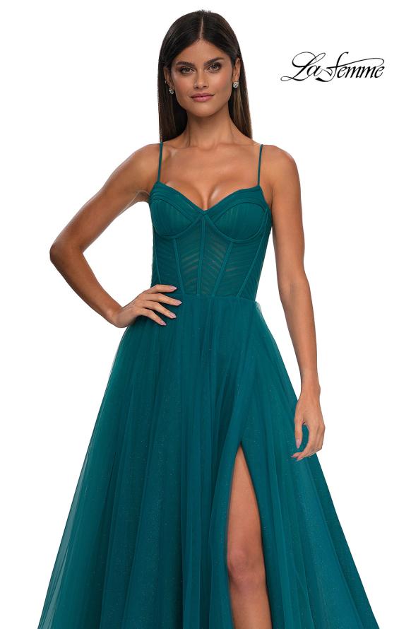 Picture of: Prom Dress with Sparkle Tulle and Ruched Corset Top in Dark Teal, Style: 32680, Detail Picture 10