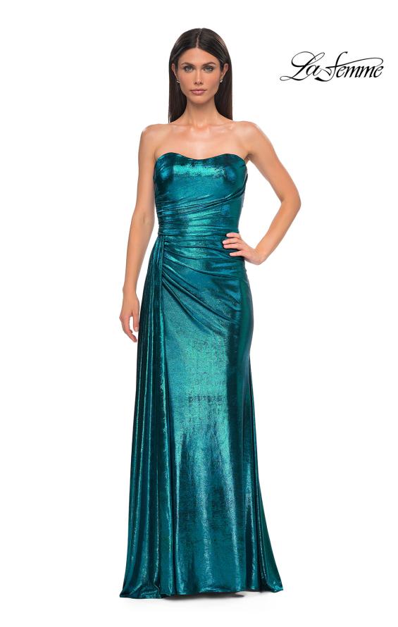 Picture of: Strapless Chic Metallic Jersey Dress with Draped Slit in Dark Teal, Style 32830, Detail Picture 10