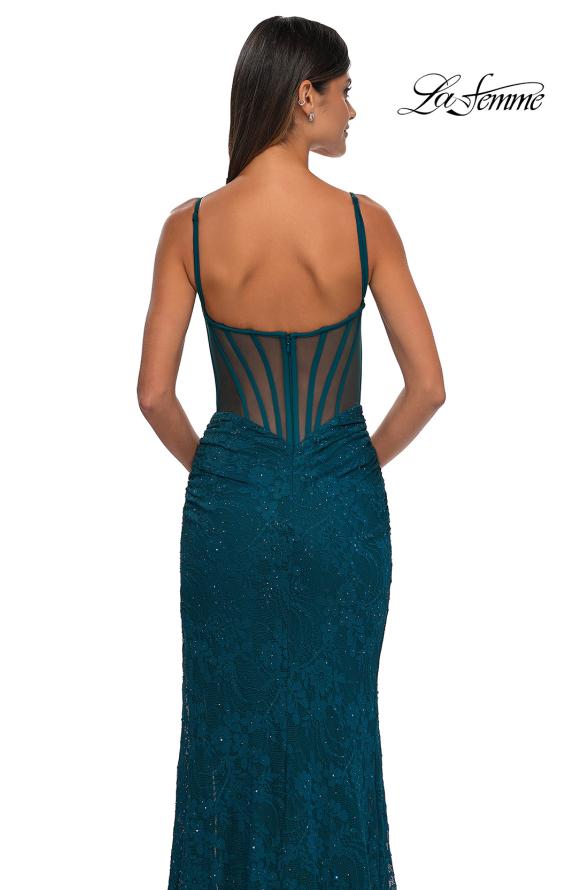 Picture of: Stretch Lace Prom Dress with Illusion Back and Sides in Dark Teal, Style: 32529, Detail Picture 12