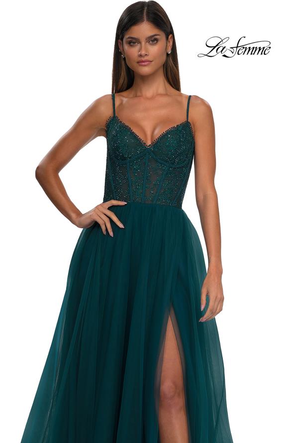 Picture of: Beautiful A-line Tulle Dress with Eyelet Neckline and Lace Top in Dark Teal, Style: 32594, Detail Picture 12