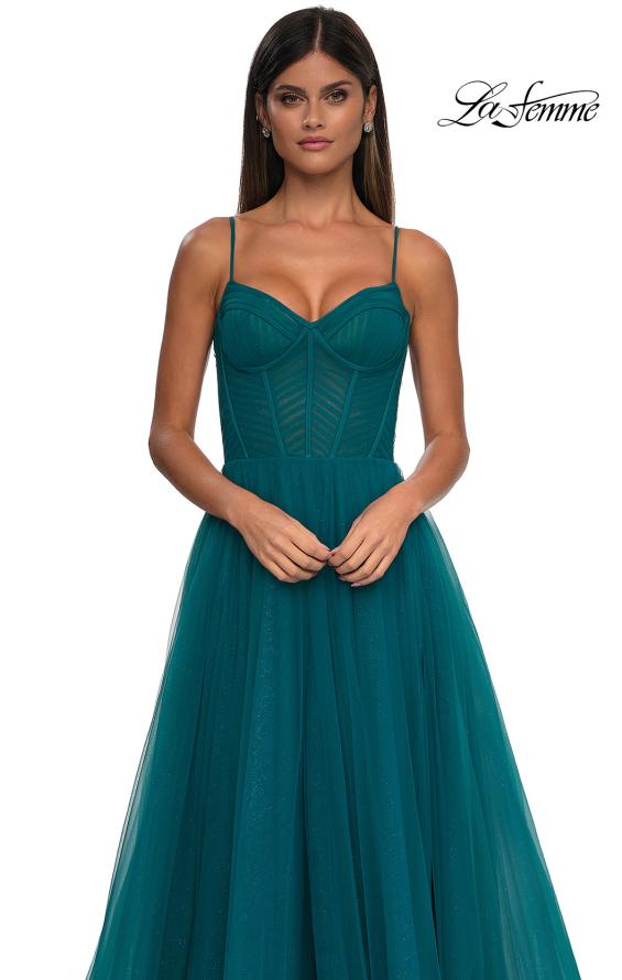 Picture of: Prom Dress with Sparkle Tulle and Ruched Corset Top in Dark Teal, Style: 32680, Detail Picture 12