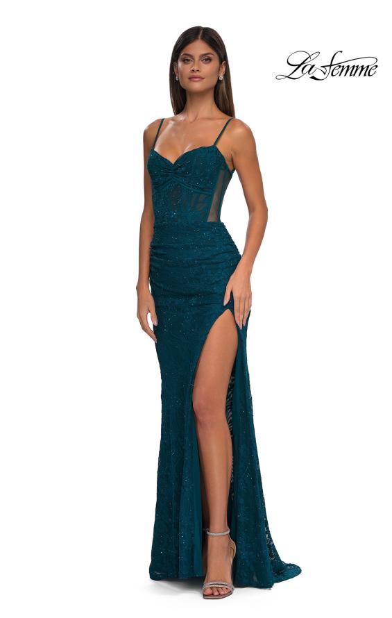 Picture of: Stretch Lace Prom Dress with Illusion Back and Sides in Dark Teal, Style: 32529, Detail Picture 13