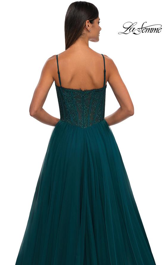 Picture of: Beautiful A-line Tulle Dress with Eyelet Neckline and Lace Top in Dark Teal, Style: 32594, Detail Picture 13