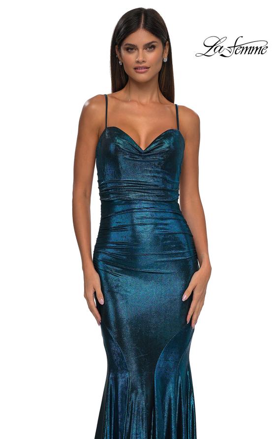 Picture of: Mermaid Metallic Jersey Dress with Draped Neckline in Dark Teal, Style: 32897, Detail Picture 13