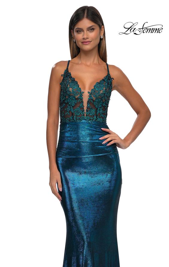 Picture of: Ruched Prom Dress with Metallic Lace and Fabric in Dark Teal, Style: 33059, Detail Picture 13