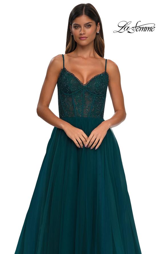 Picture of: Beautiful A-line Tulle Dress with Eyelet Neckline and Lace Top in Dark Teal, Style: 32594, Detail Picture 14