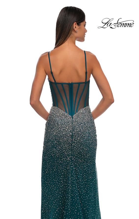 Picture of: Fitted Net Dress with Rhinestones and U Slit in Dark Teal, Style: 32840, Detail Picture 14