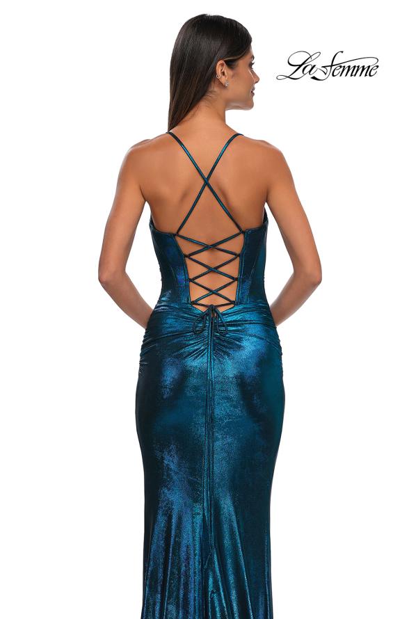 Picture of: Long Metallic Prom Dress with Ruching and Rhinestone Draped Neckline in Dark Teal, Style: 33032, Detail Picture 14