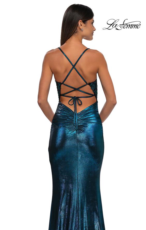 Picture of: Ruched Prom Dress with Metallic Lace and Fabric in Dark Teal, Style: 33059, Detail Picture 14