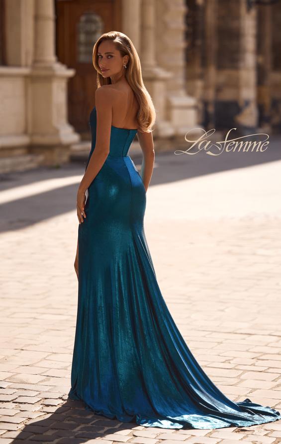 Picture of: Strapless Draped Neckline Prom Dress in Metallic Jersey in Dark Teal, Style 32828, Back Picture