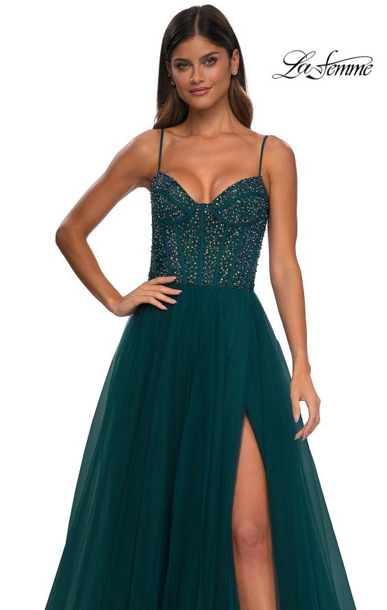 Picture of: Beautiful A-line Prom Dress with Rhinestone Encrusted Corset Top in Dark Teal, Style: 32754, Detail Picture 18