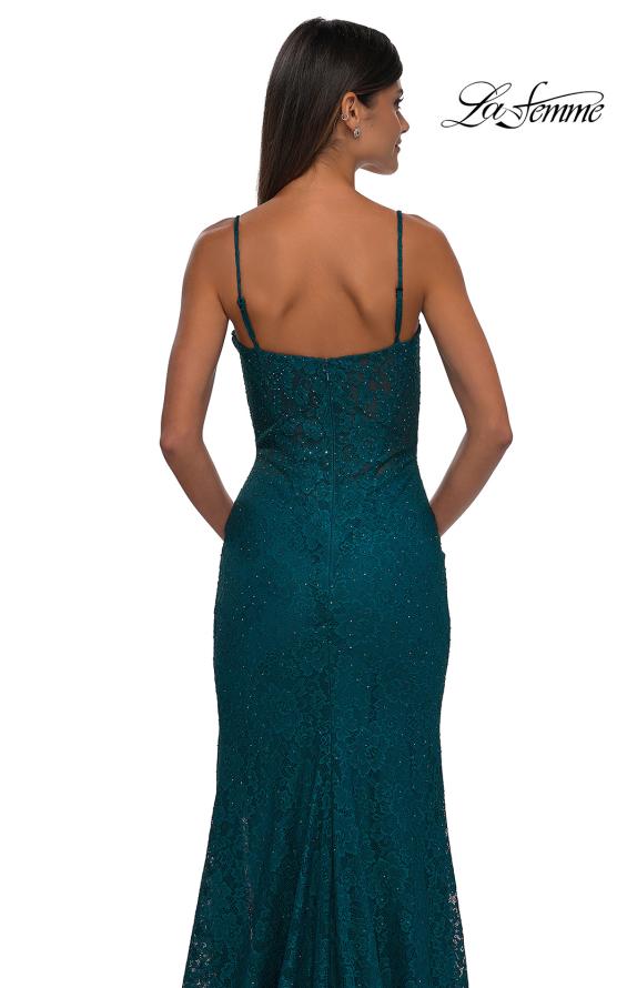 Picture of: Fitted Stretch Lace Dress with Scallop Neckline in Dark Teal, Style: 32933, Detail Picture 18