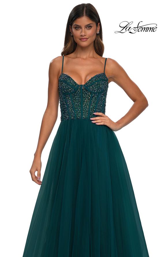 Picture of: Beautiful A-line Prom Dress with Rhinestone Encrusted Corset Top in Dark Teal, Style: 32754, Detail Picture 20