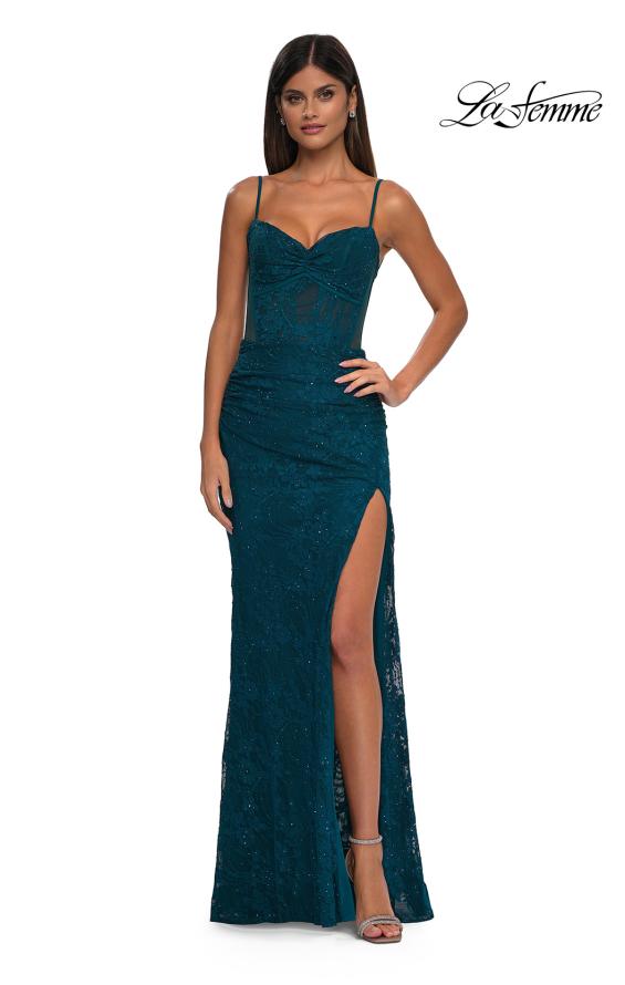 Picture of: Stretch Lace Prom Dress with Illusion Back and Sides in Dark Teal, Style: 32529, Detail Picture 2