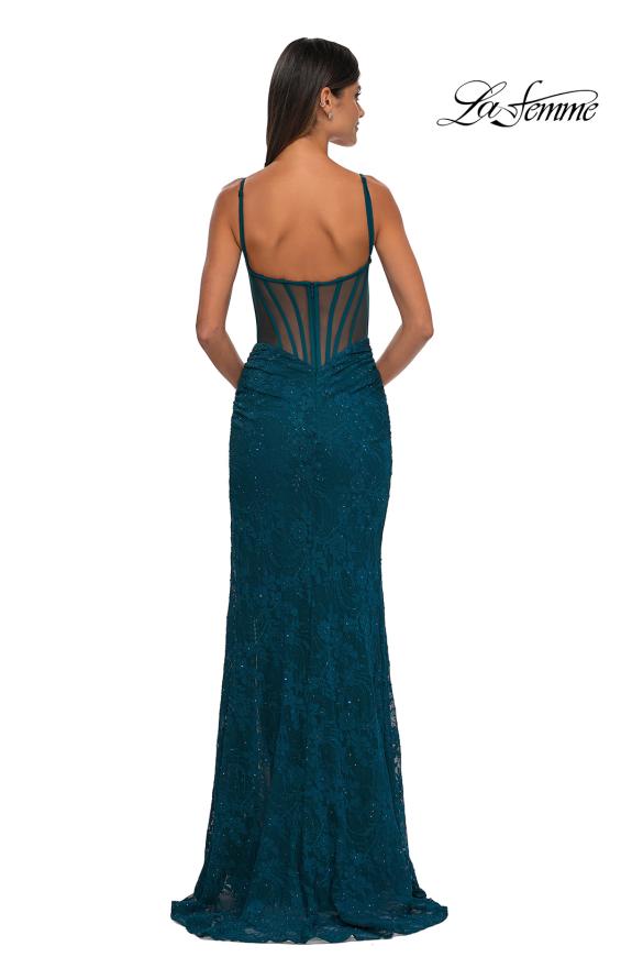 Picture of: Stretch Lace Prom Dress with Illusion Back and Sides in Dark Teal, Style: 32529, Detail Picture 3