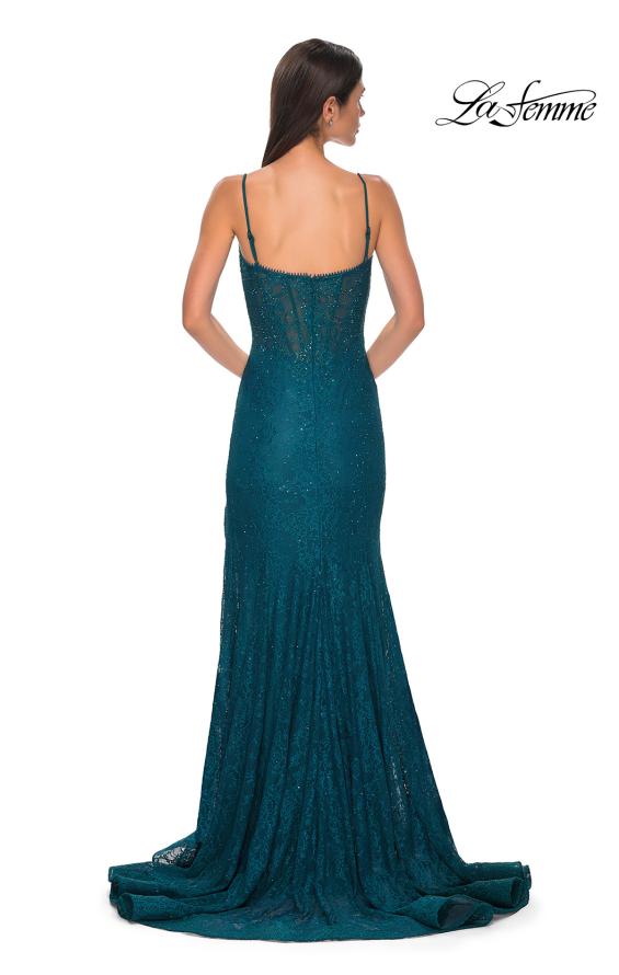 Picture of: Stretch Satin Prom Dress with Eyelet Detail Neckline in Dark Teal, Style 32671, Detail Picture 3