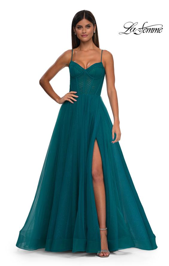 Picture of: Prom Dress with Sparkle Tulle and Ruched Corset Top in Dark Teal, Style: 32680, Detail Picture 4