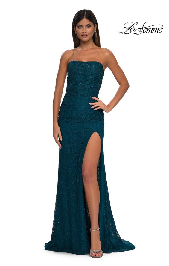 Picture of: Simple Long Stretch Lace Prom Dress with Ruching in Dark Teal, Style: 32773, Detail Picture 4