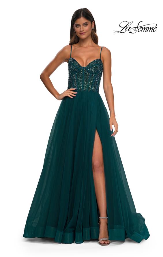 Picture of: Beautiful A-line Prom Dress with Rhinestone Encrusted Corset Top in Dark Teal, Style: 32754, Detail Picture 5