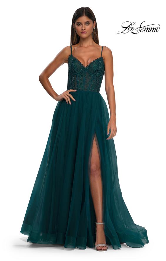 Picture of: Beautiful A-line Tulle Dress with Eyelet Neckline and Lace Top in Dark Teal, Style: 32594, Detail Picture 6