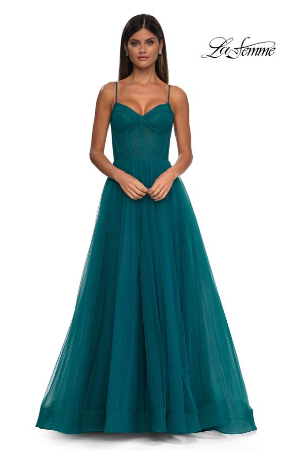 Picture of: Prom Dress with Sparkle Tulle and Ruched Corset Top in Dark Teal, Style: 32680, Detail Picture 6