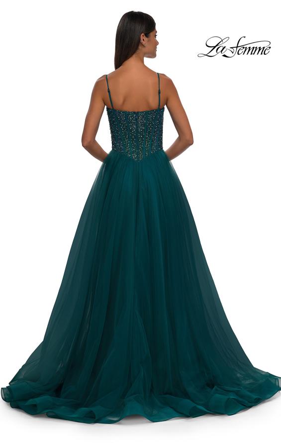 Picture of: Beautiful A-line Prom Dress with Rhinestone Encrusted Corset Top in Dark Teal, Style: 32754, Detail Picture 6