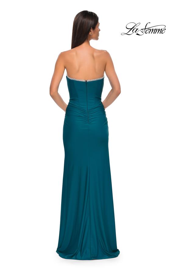 Picture of: Jersey Long Prom Dress with Ruching and Chic Rhinestone Neckline in Dark Teal, Style 32756, Detail Picture 6