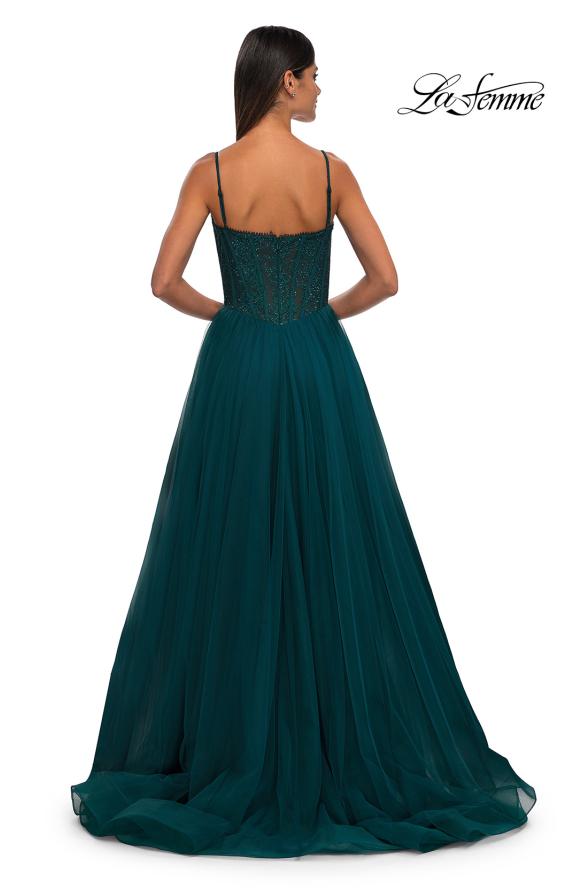 Picture of: Beautiful A-line Tulle Dress with Eyelet Neckline and Lace Top in Dark Teal, Style: 32594, Detail Picture 7