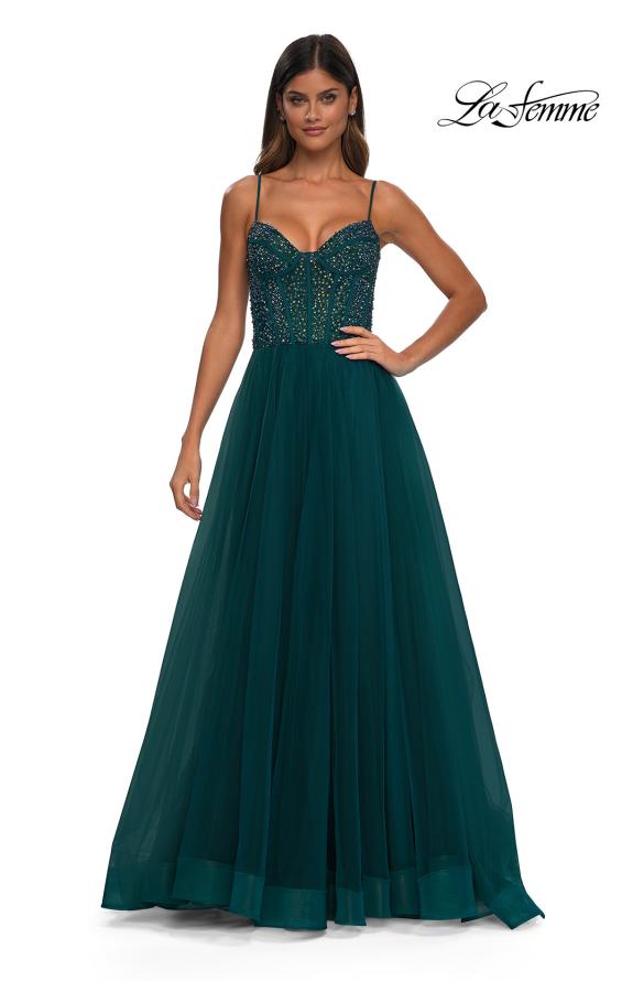 Picture of: Beautiful A-line Prom Dress with Rhinestone Encrusted Corset Top in Dark Teal, Style: 32754, Detail Picture 7